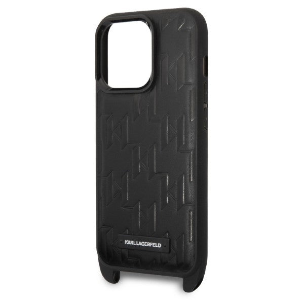 Étui pour Apple iPhone 14 Pro, Karl Lagerfeld, Monogram Plaque Logo avec Sangle, Noir