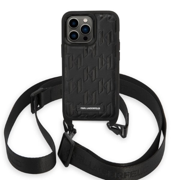 Étui pour Apple iPhone 14 Pro, Karl Lagerfeld, Monogram Plaque Logo avec Sangle, Noir