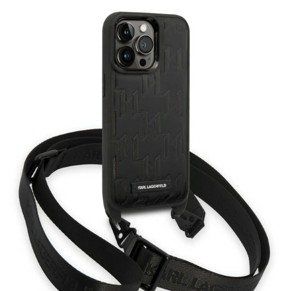 Étui pour Apple iPhone 14 Pro, Karl Lagerfeld, Monogram Plaque Logo avec Sangle, Noir