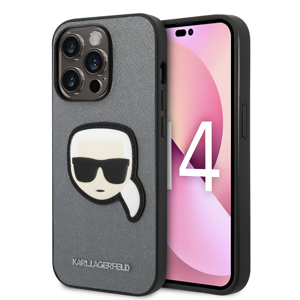 Custodia per Apple iPhone 14 Pro, Karl Lagerfeld, Saffiano Karl's Head, Argento