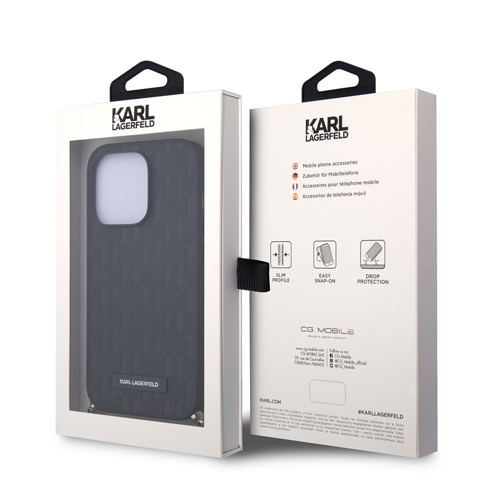 Custodia per Apple iPhone 14 Pro, Karl Lagerfeld, Saffiano Monogram Chain, Nera