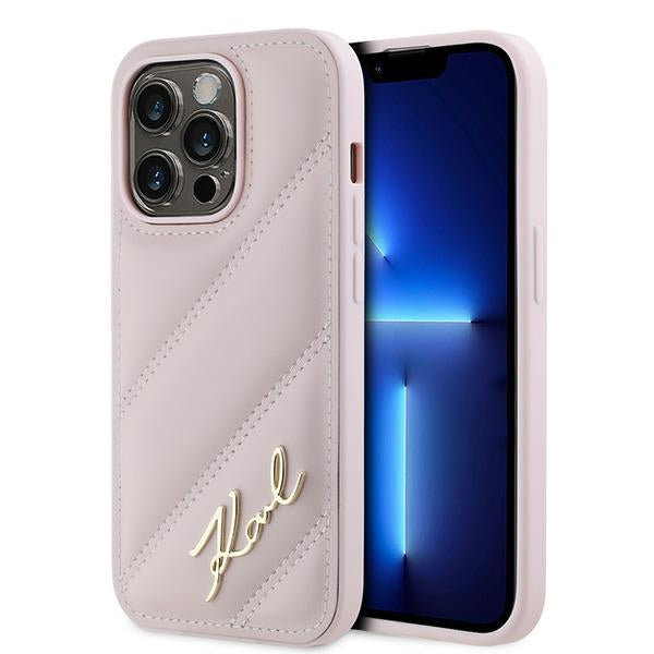 Case for Apple iPhone 14 Pro Max, Karl Lagerfeld, Diagonal Quilted Script, Pink