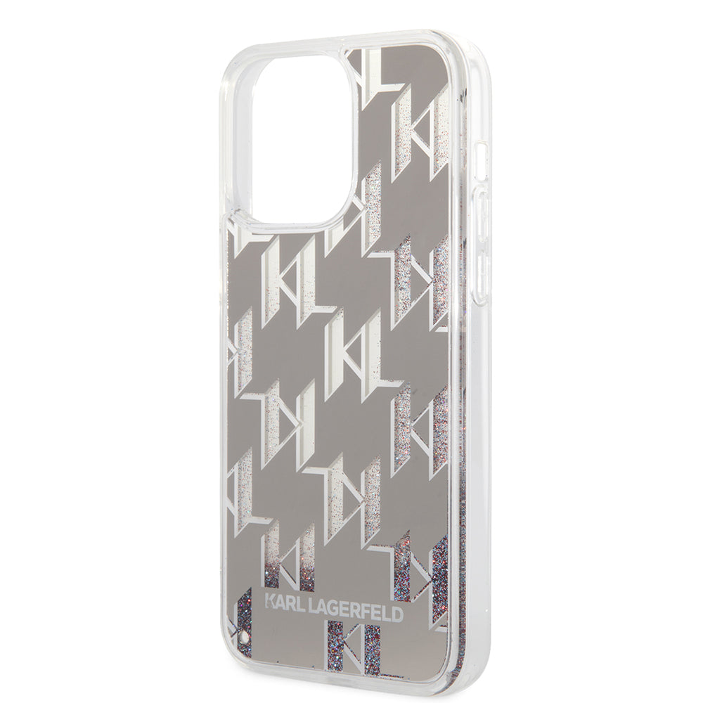 Hülle für Apple iPhone 14 Pro Max, Karl Lagerfeld, Liquid Glitter Monogram, Silbern