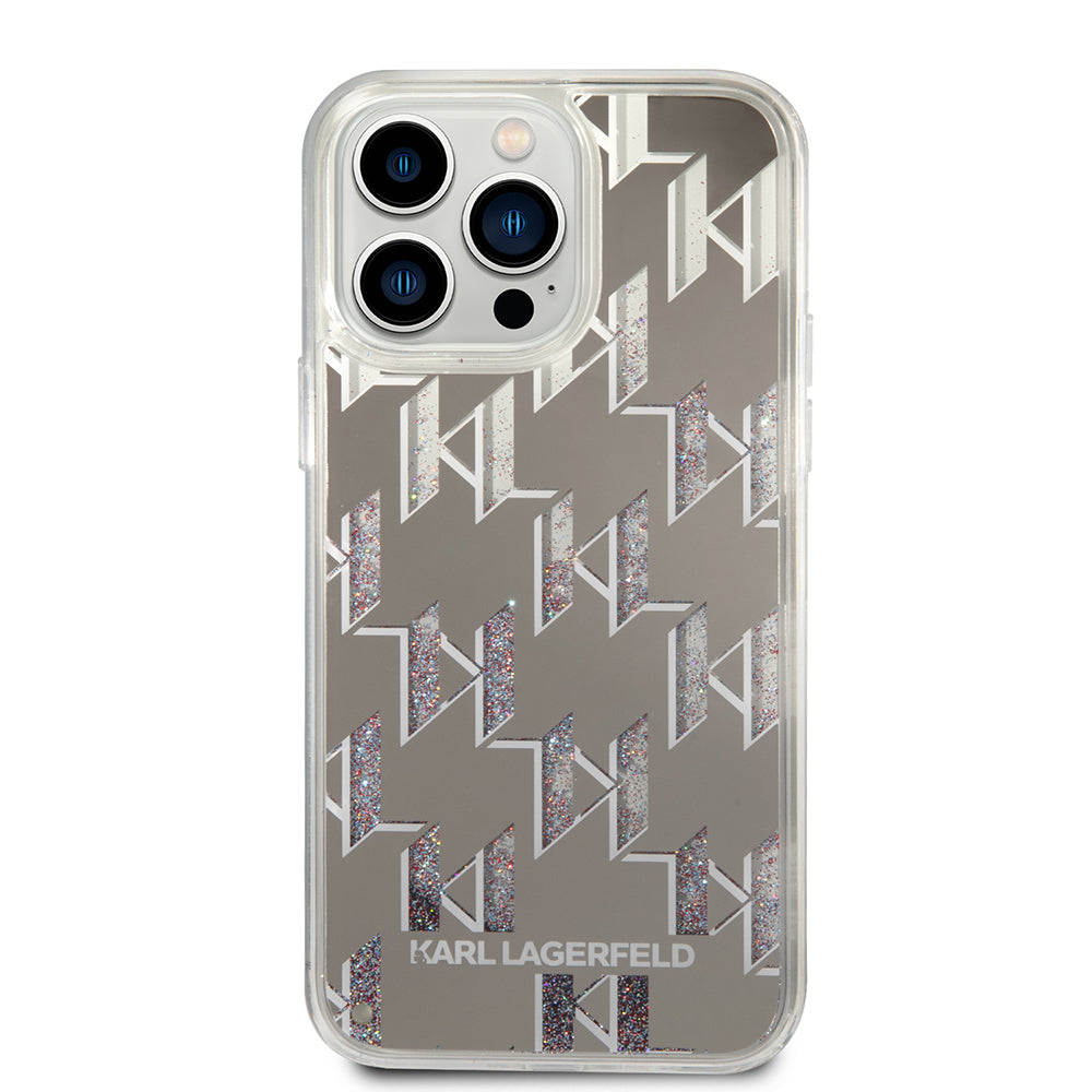 Hülle für Apple iPhone 14 Pro Max, Karl Lagerfeld, Liquid Glitter Monogram, Silbern