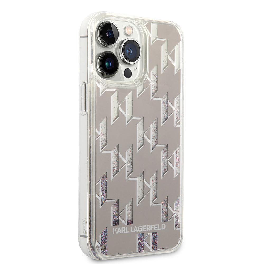Hülle für Apple iPhone 14 Pro Max, Karl Lagerfeld, Liquid Glitter Monogram, Silbern