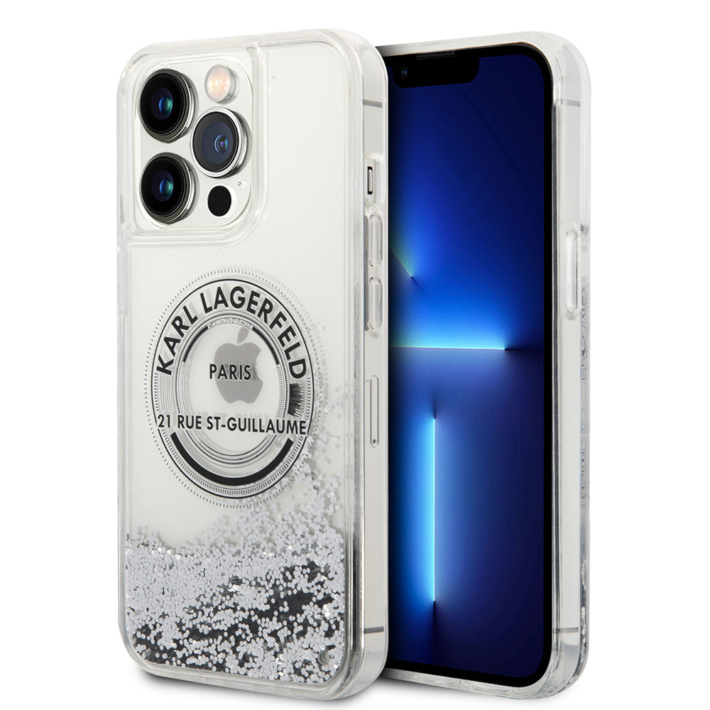 Hülle für Apple iPhone 14 Pro Max, Karl Lagerfeld, Liquid Glitter RSG, Silbern