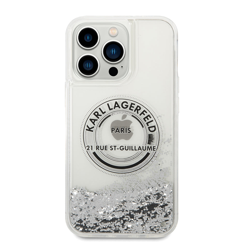 Hülle für Apple iPhone 14 Pro Max, Karl Lagerfeld, Liquid Glitter RSG, Silbern