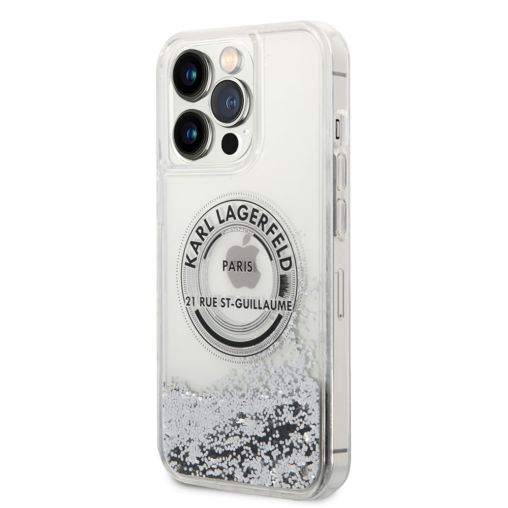 Hülle für Apple iPhone 14 Pro Max, Karl Lagerfeld, Liquid Glitter RSG, Silbern