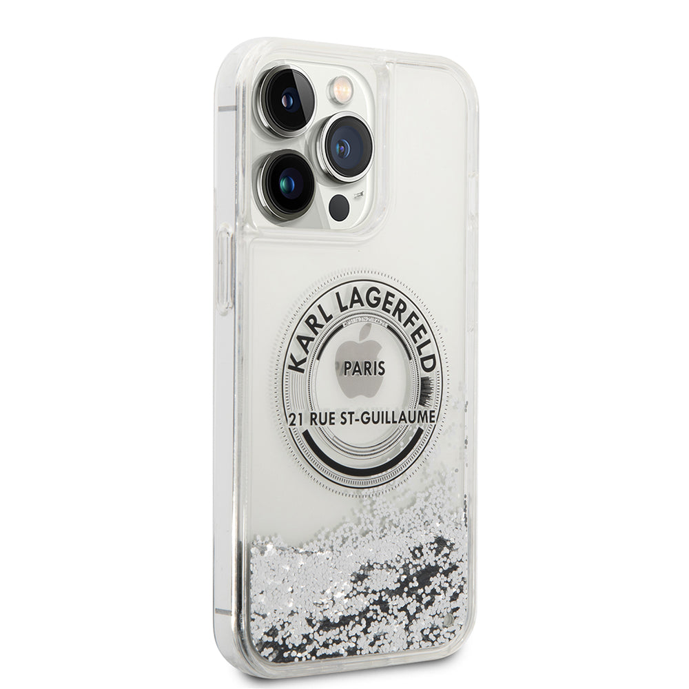 Hülle für Apple iPhone 14 Pro Max, Karl Lagerfeld, Liquid Glitter RSG, Silbern