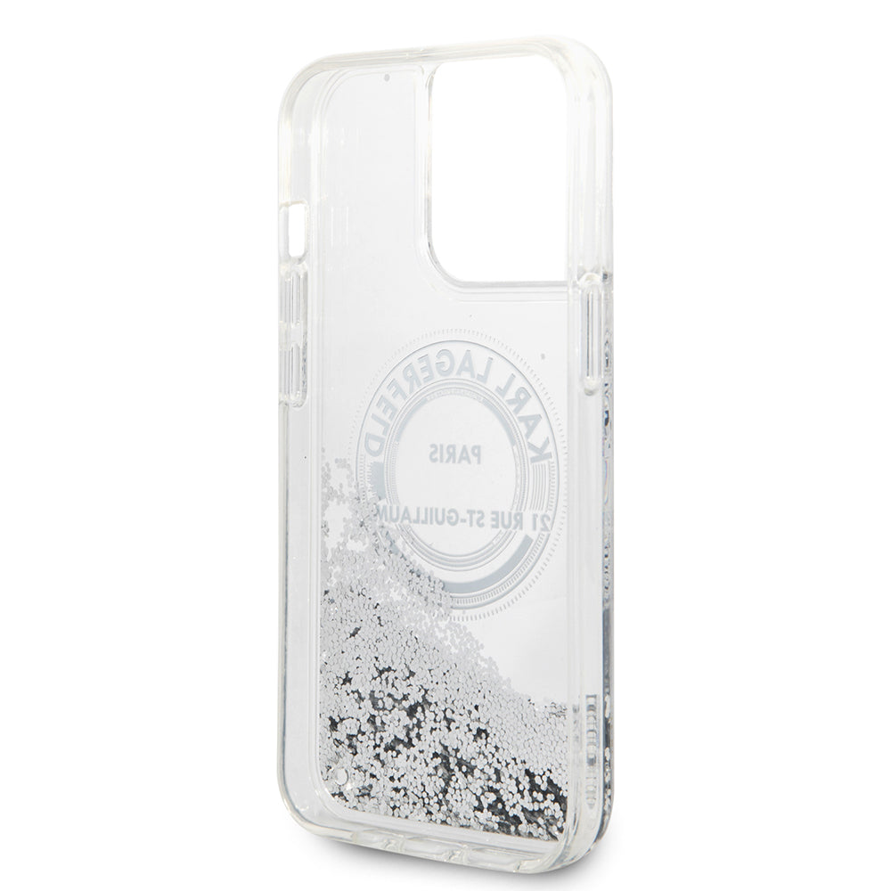 Hülle für Apple iPhone 14 Pro Max, Karl Lagerfeld, Liquid Glitter RSG, Silbern