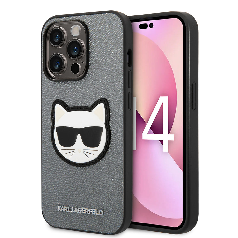 Hülle für Apple iPhone 14 Pro Max, Karl Lagerfeld, Saffiano Choupette's Head, Silbern