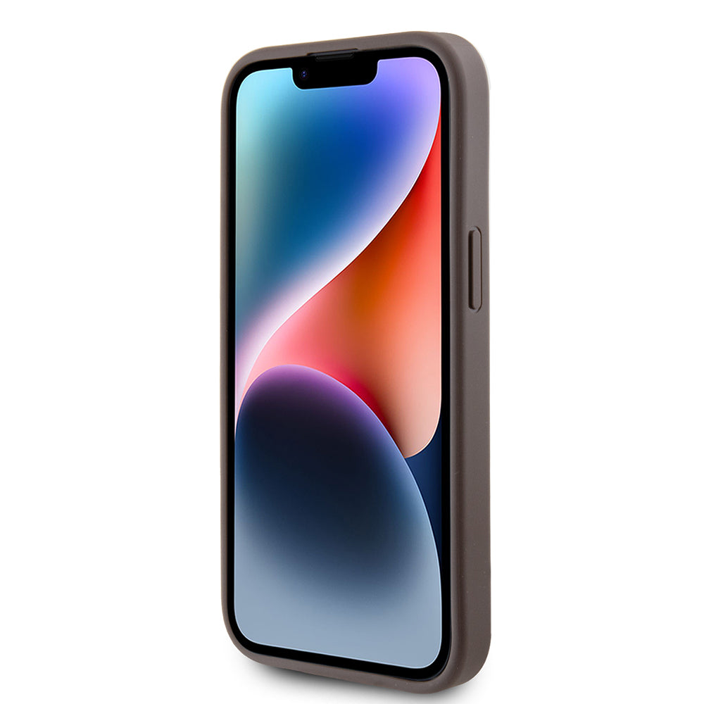 Étui pour Apple iPhone 15, Guess, Logo Métal Or 4G, Marron