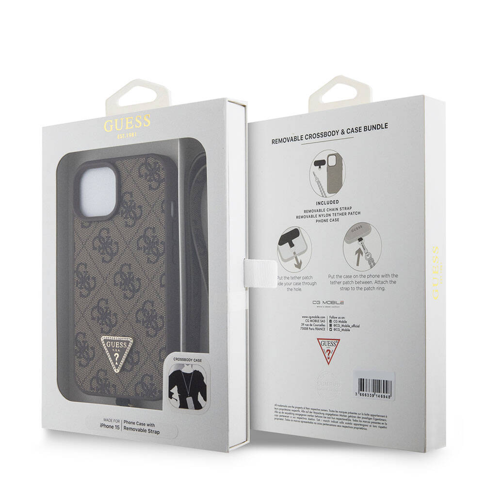 Custodia per Apple iPhone 15, Guess, Crossbody 4G Metal Logo, Marrone