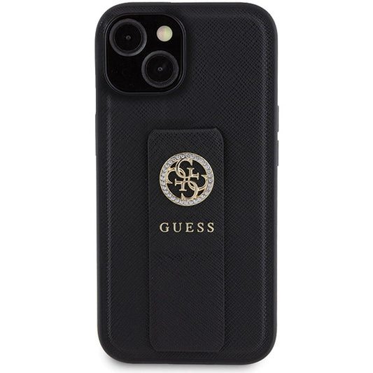 Étui pour Apple iPhone 15, Guess, Grip Stand 4G Saffiano Strass, Noir