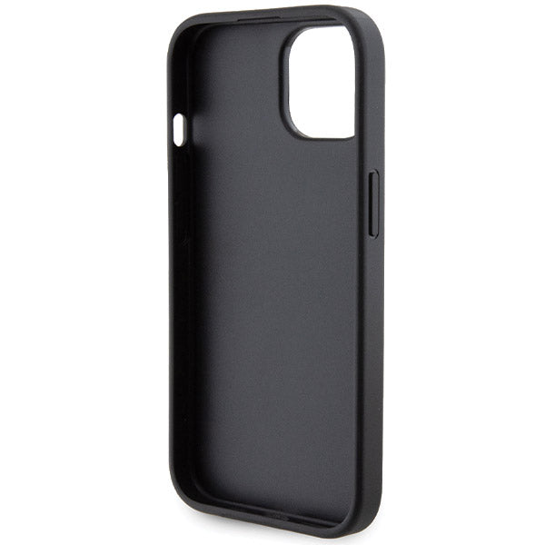 Custodia per Apple iPhone 15, Guess, Grip Stand 4G Saffiano Strass, Nera