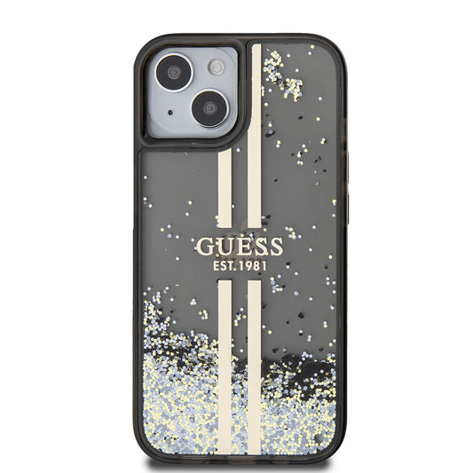 Étui pour Apple iPhone 15, Guess, Liquid Glitter Gold Stripes, Noir