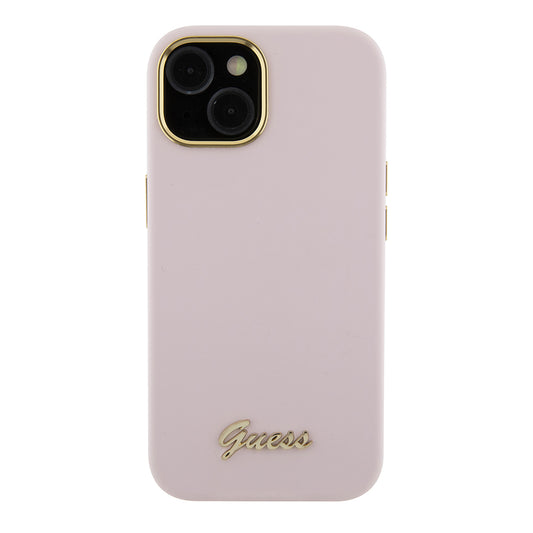 Étui pour Apple iPhone 15, Guess, Script Metal Logo & Frame, Rose Clair