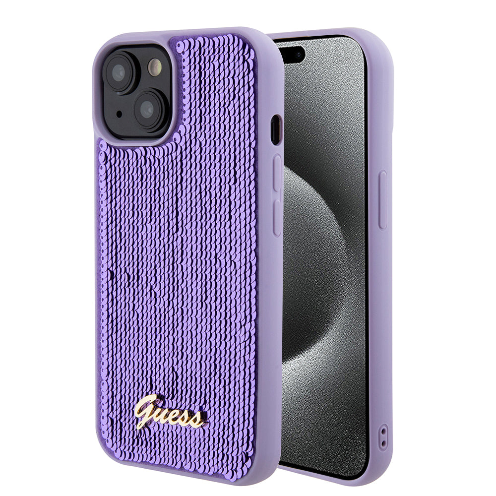 Custodia per Apple iPhone 15, Guess, Sequin Script Metal, Viola