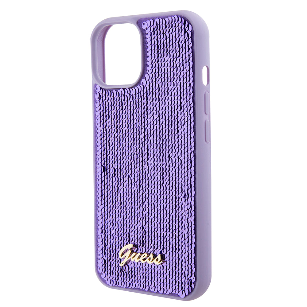 Custodia per Apple iPhone 15, Guess, Sequin Script Metal, Viola