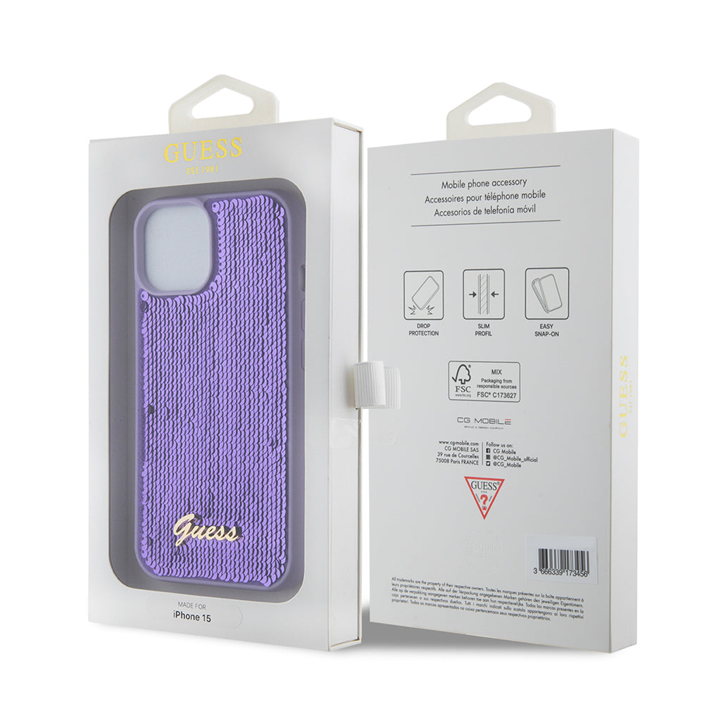 Custodia per Apple iPhone 15, Guess, Sequin Script Metal, Viola