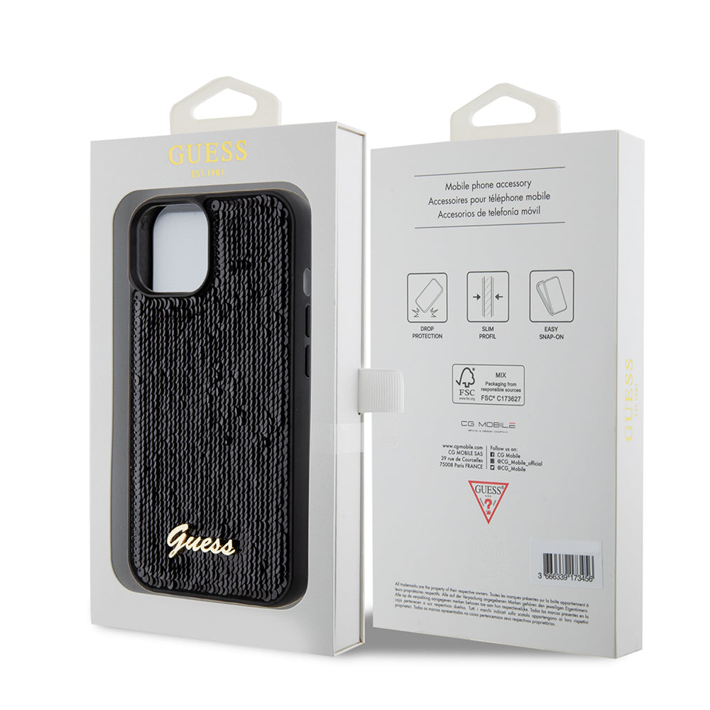 Étui pour Apple iPhone 15, Guess, Sequin Script Metal, Noir