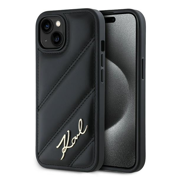 Custodia per Apple iPhone 15, Karl Lagerfeld, Diagonal Quilted Script, Nera