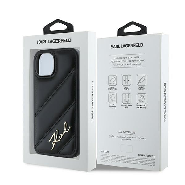 Custodia per Apple iPhone 15, Karl Lagerfeld, Diagonal Quilted Script, Nera