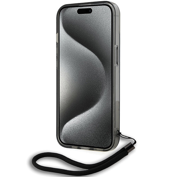 Hülle für Apple iPhone 15, Karl Lagerfeld, IML Luxury Monogram KL Muster mit Trageriemen, Schwarz