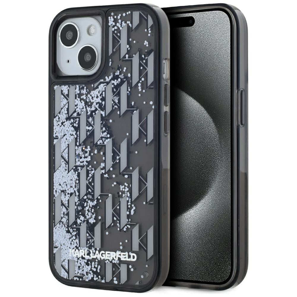 Custodia per Apple iPhone 15, Karl Lagerfeld, Liquid Glitter Monogram, Nera
