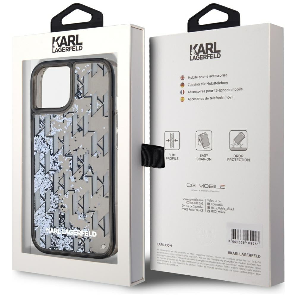 Custodia per Apple iPhone 15, Karl Lagerfeld, Liquid Glitter Monogram, Nera