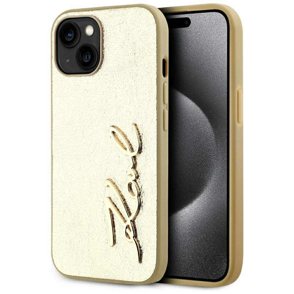 Hülle für Apple iPhone 15, Karl Lagerfeld, Metal Signature, Gold