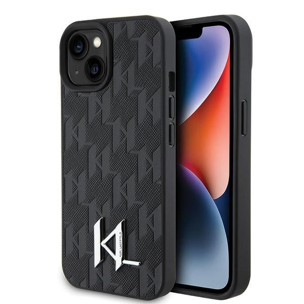 Custodia per Apple iPhone 15, Karl Lagerfeld, Monogram Hot Stamp Metal Logo, Nera