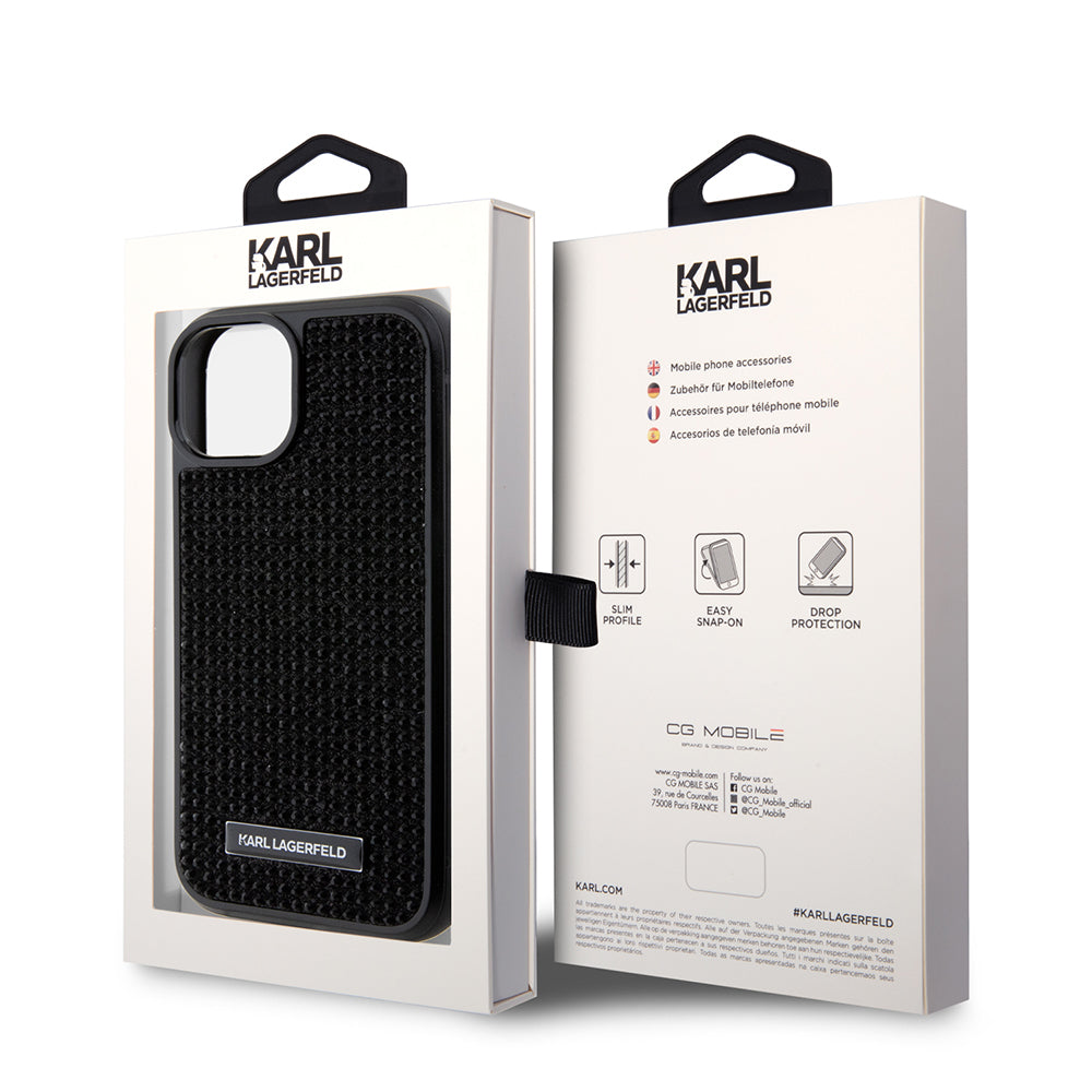 Custodia per Apple iPhone 15, Karl Lagerfeld, Rhinestone Metal Plate, Nera