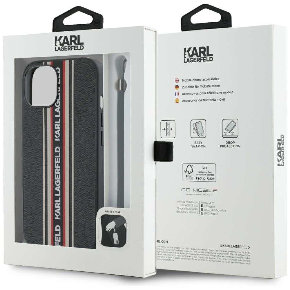 Custodia per Apple iPhone 15, Karl Lagerfeld, Saffiano Athleisure Stripes con Cinturino, Rosie