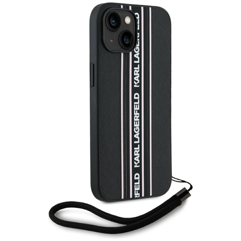 Étui pour Apple iPhone 15, Karl Lagerfeld, Saffiano Athleisure Stripes avec sangle, Rose