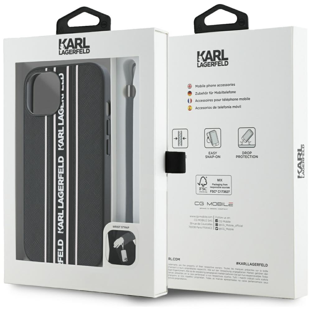 Étui pour Apple iPhone 15, Karl Lagerfeld, Saffiano Athleisure Stripes avec sangle, Rose