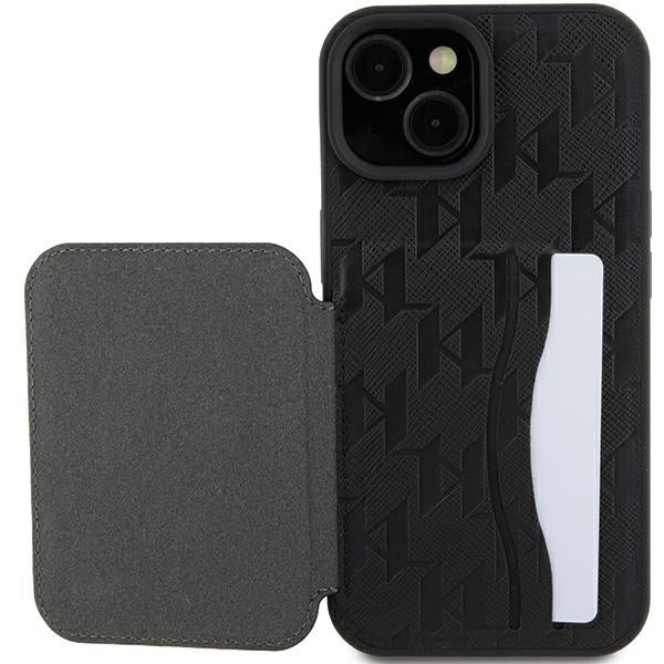Hülle für Apple iPhone 15, Karl Lagerfeld, Saffiano Kartenfächer und Ständer Monogramm Choupette, Schwarz