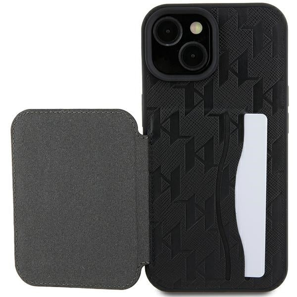 Custodia per Apple iPhone 15, Karl Lagerfeld, Saffiano Cardslots and Stand Monogram Ikonik Karl, Nera