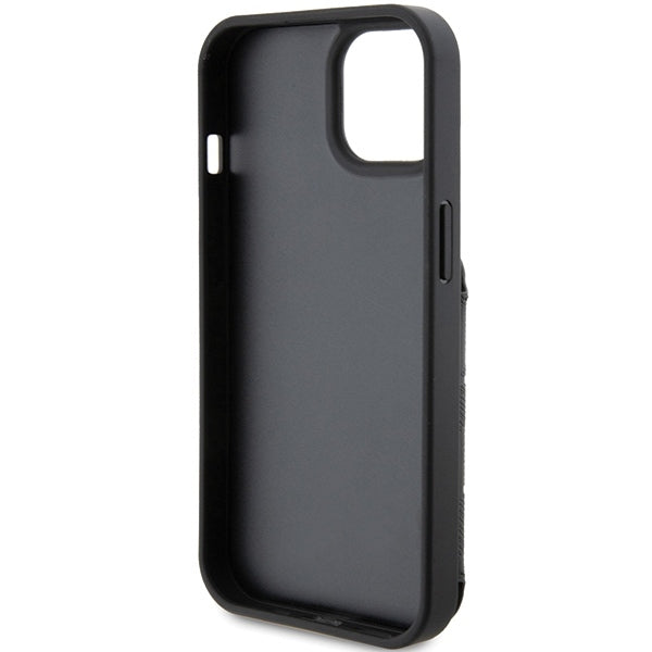 Custodia per Apple iPhone 15, Karl Lagerfeld, Saffiano Cardslots and Stand Monogram Ikonik Karl, Nera