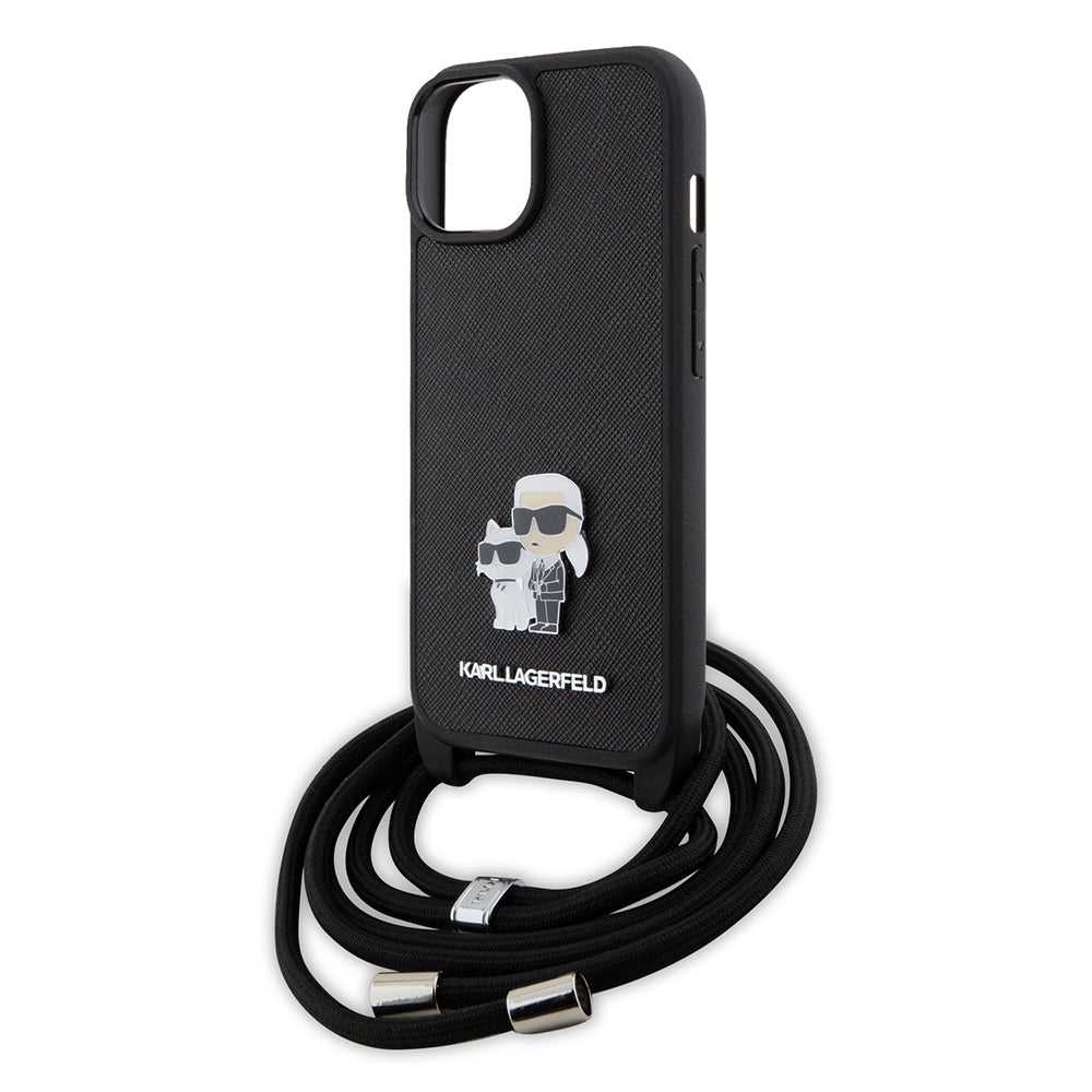 Custodia per Apple iPhone 15, Karl Lagerfeld, Saffiano Crossbody Metal Pin Karl & Choupette, Nera