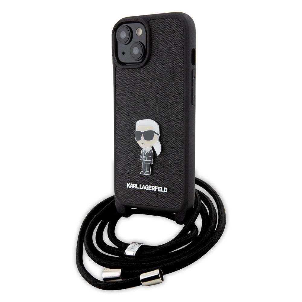 Custodia per Apple iPhone 15, Karl Lagerfeld, Saffiano Crossbody Monogram Metal Pin Karl, Nera