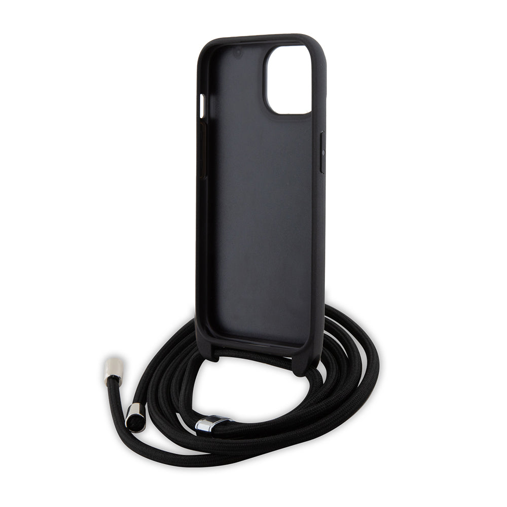 Custodia per Apple iPhone 15, Karl Lagerfeld, Saffiano Crossbody Monogram Metal Pin Karl, Nera