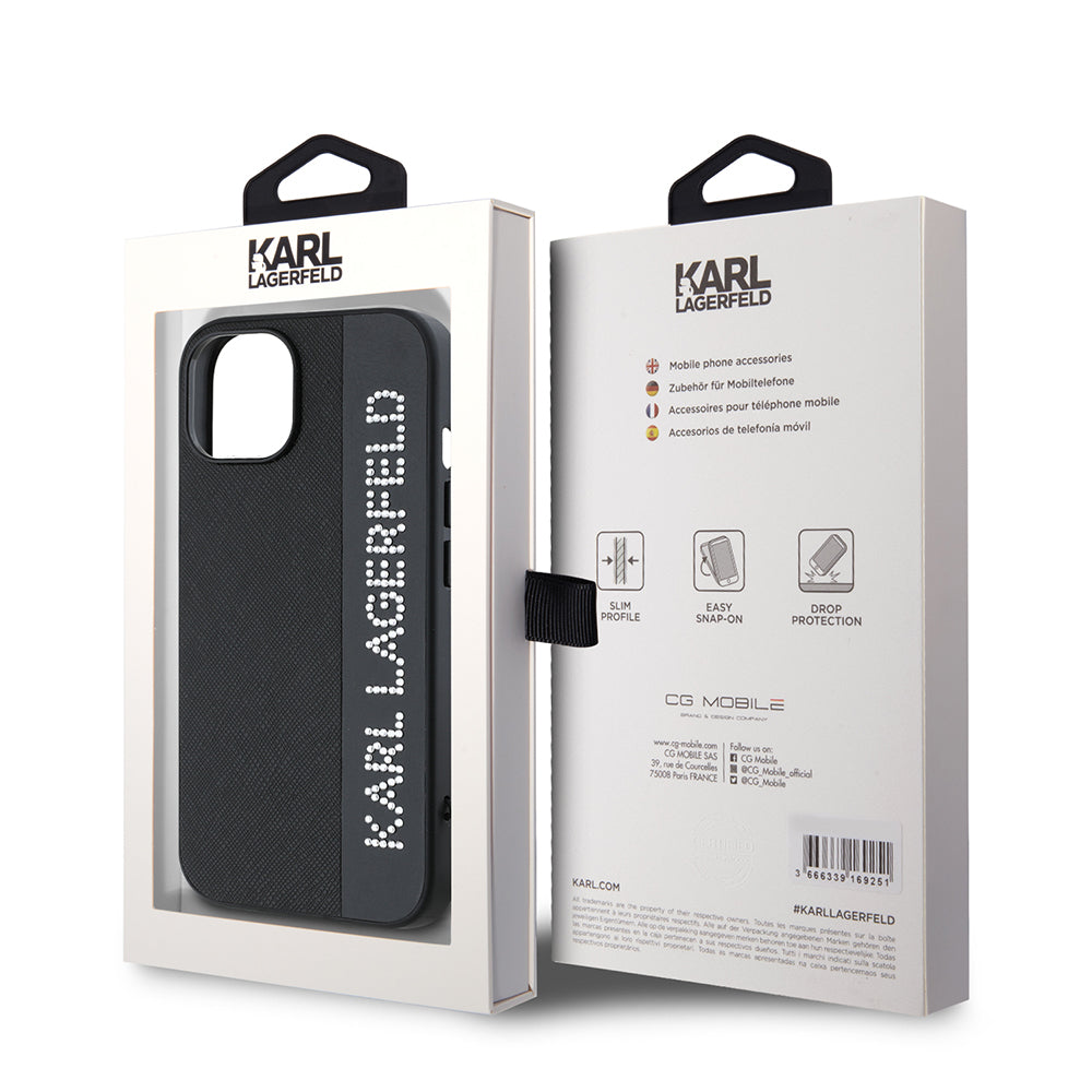 Custodia per Apple iPhone 15, Karl Lagerfeld, Saffiano Rhinestones & Charm, Nera