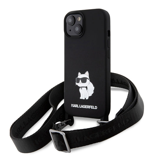 Étui pour Apple iPhone 15, Karl Lagerfeld, Silicone Crossbody Choupette, Noir