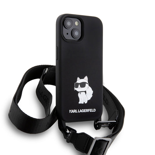 Étui pour Apple iPhone 15, Karl Lagerfeld, Silicone Crossbody Choupette, Noir