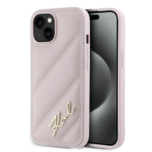 Custodia per Apple iPhone 15 Plus, Karl Lagerfeld, Diagonal Quilted Script, Rosa