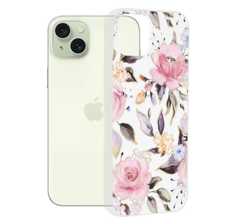 Custodia per Apple iPhone 15 Plus, Techsuit, Marble, Bianca