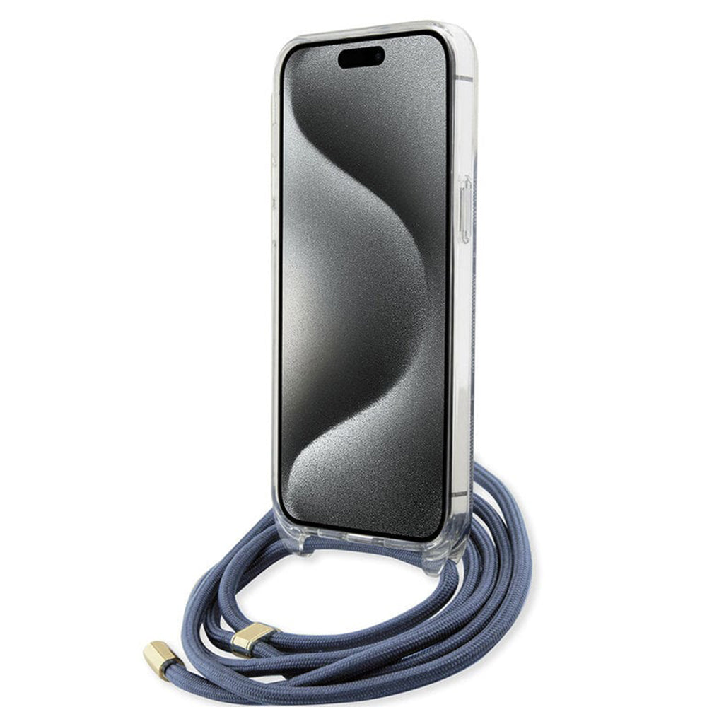Custodia per Apple iPhone 15 Pro, Guess, Crossbody Cord 4G Print, Blu