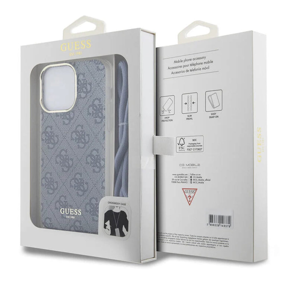 Custodia per Apple iPhone 15 Pro, Guess, Crossbody Cord 4G Print, Blu