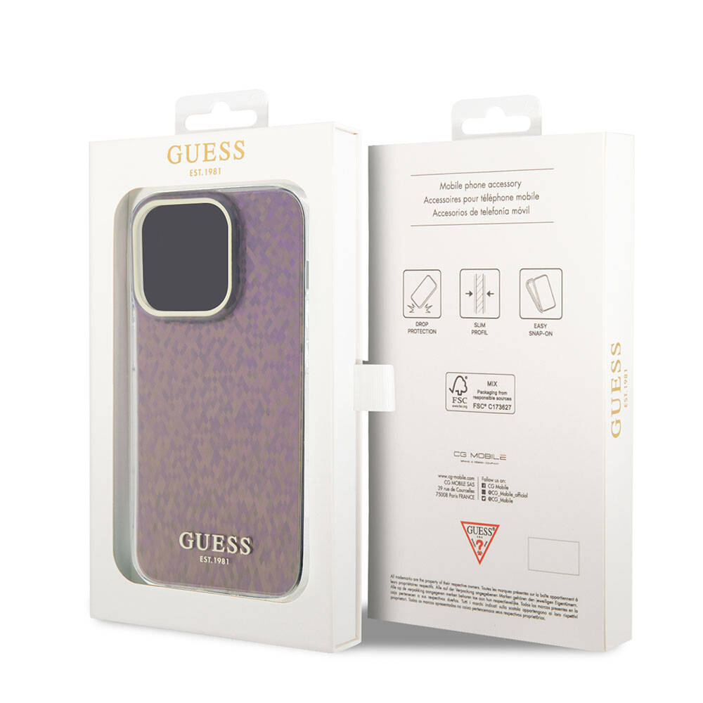 Custodia per Apple iPhone 15 Pro, Guess, IML Faceted Mirror Disco Iridescent, Rosa